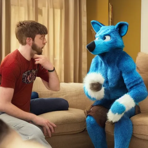 Prompt: a fursuiters in the living room having a heated debate about what show to play on Netflix