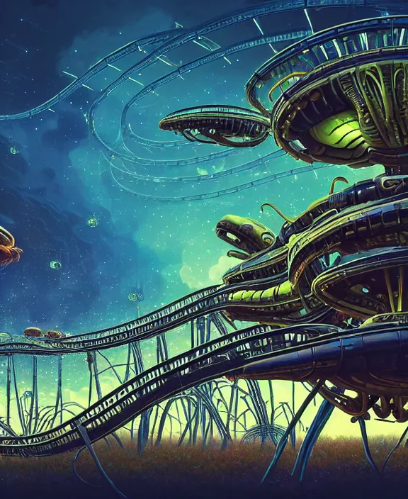 Image similar to a roller coaster made out of alien creatures, biological forms, internal organs, in the style of an asymmetrical spaceship, surrounded by fireflies, apocalyptic environment, by dan mumford, yusuke murata, makoto shinkai, ross tran, cinematic, unreal engine, cel shaded, featured on artstation, pixiv