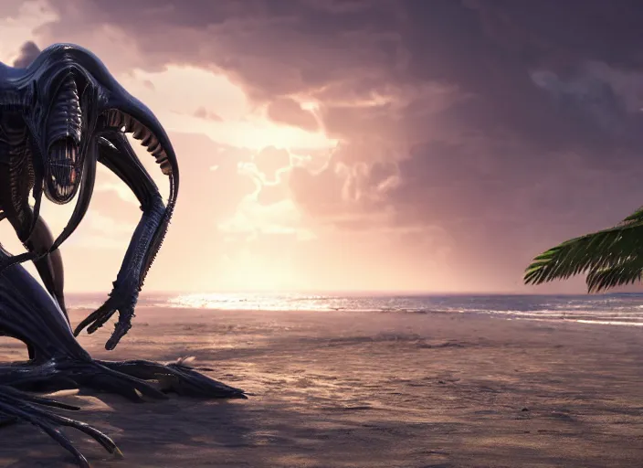 Image similar to a xenomorph alien relaxing on a beach in jamaica, cinematic lighting, directed by dennis villeneuve, national geographic, award winning, concept art, artstation, unreal engine, game screenshot