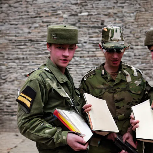 Prompt: soldiers holding books instead of guns