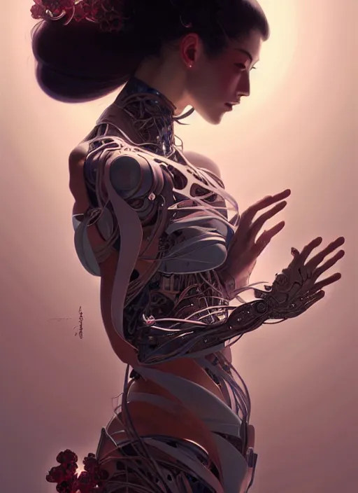 Image similar to organic cyborg, geisha, diffuse lighting, fantasy, intricate, elegant, highly detailed, lifelike, photorealistic, digital painting, artstation, illustration, concept art, smooth, sharp focus, art by John Collier and Albert Aublet and Krenz Cushart and Artem Demura and Alphonse Mucha