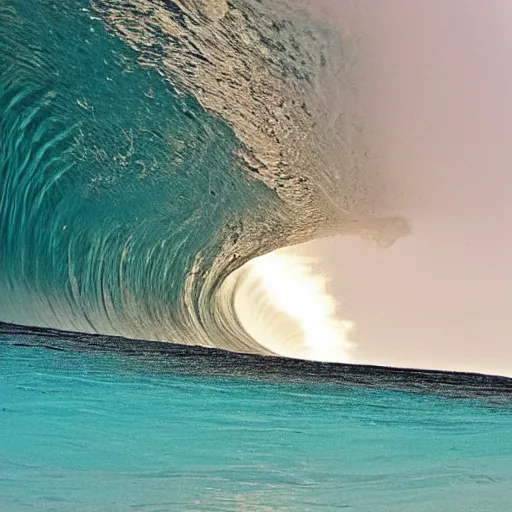 Image similar to a tunnel wave at teahupo'o with a very old woman dropping in an an ironing board