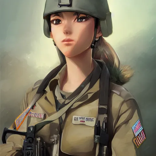 Prompt: anime girl in a united states army special forces uniform, digital art, portrait, krenz cushart, christopher balaskas