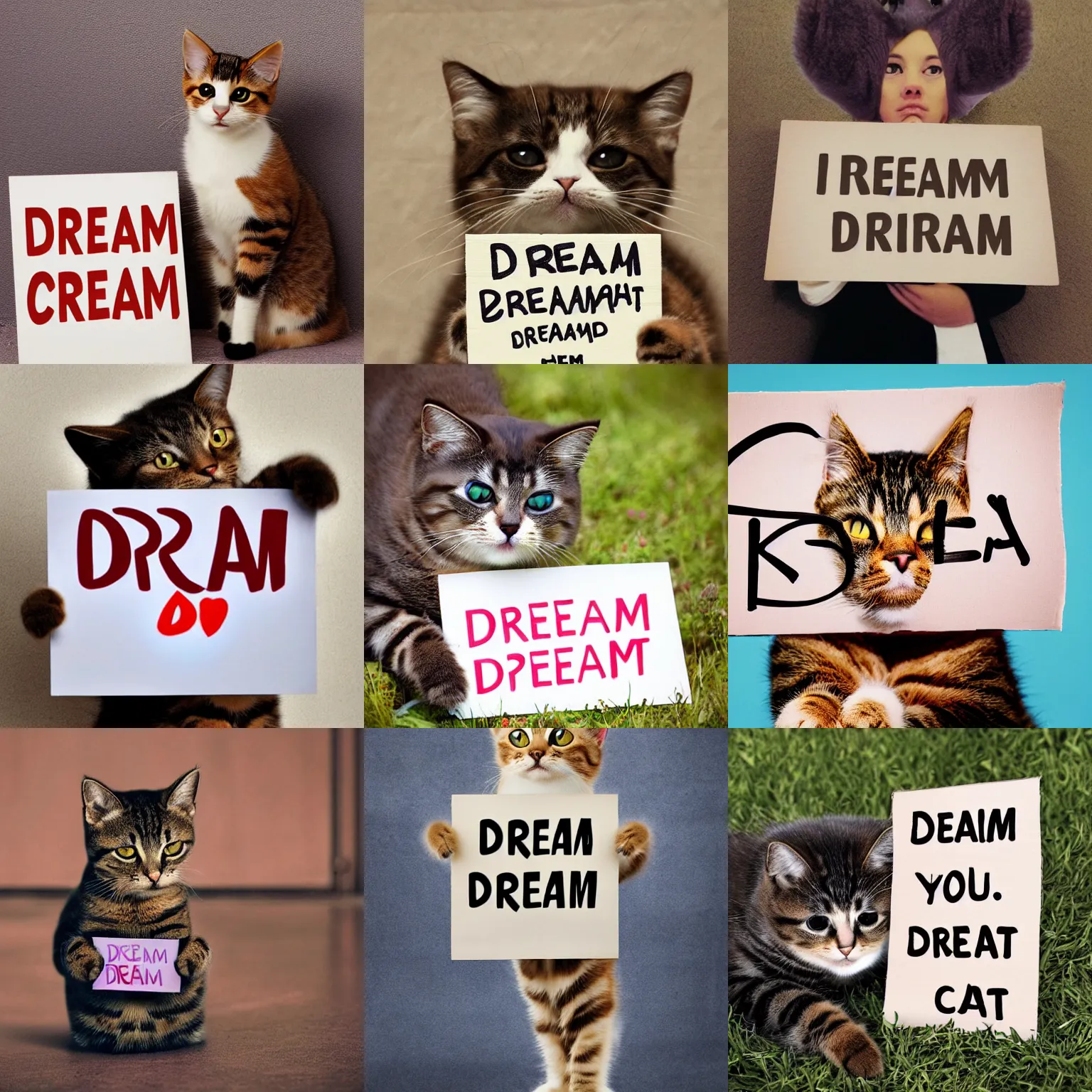 Image similar to realistic high quality photo of a cute cat holding a sign with text that reads : dream cat