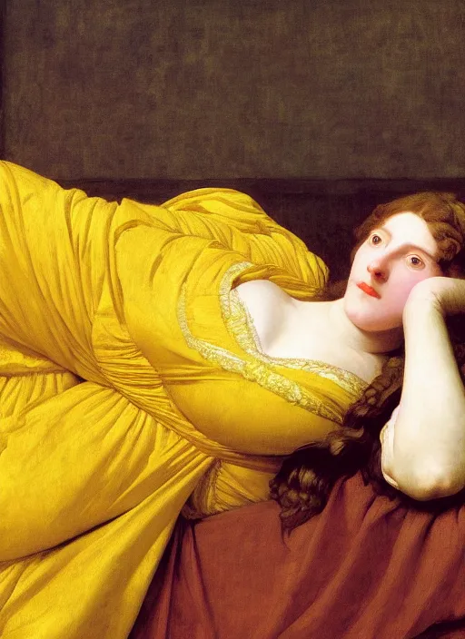 Image similar to masterpiece portrait of lady reclining on bed wearing yellow ochre ornate medieval dress, vertical, foreshortening, colour photography by frederic leighton, william morris, 8 k