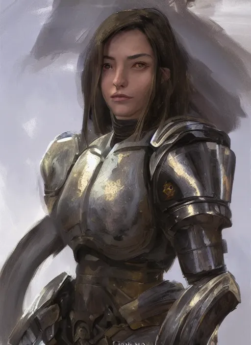 Image similar to a professional painting of a beautiful young female, clothed in military armor, olive skin, long dark hair, beautiful bone structure, symmetrical facial features, intricate, elegant, digital painting, concept art, smooth, sharp focus, illustration, from Knights of the Old Republic, by Ruan Jia and Mandy Jurgens and Artgerm and William-Adolphe Bouguerea