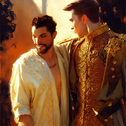 Image similar to attractive fully clothed king confesses his love for his attractive fully clothed male prince. highly detailed painting by craig mullins, gaston bussiere, mark brooks, j. c. leyendecker