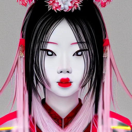 Image similar to albino maiko with a long fancy hair, detailed, jewelry, sakura, photograph, award wining, red and white, trending on artstation, 4 k, neon highlights