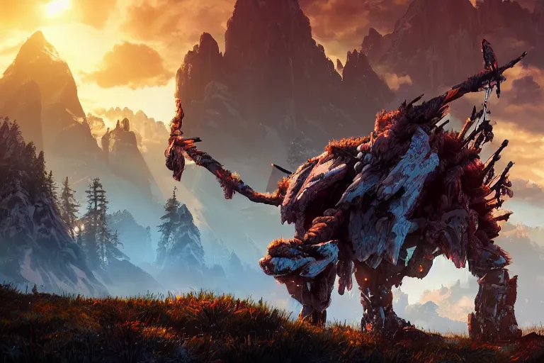 Image similar to frostclaw machine creature robot of horizon forbidden west horizon zero dawn radiating a glowing aura global illumination ray tracing hdr fanart arstation by ian pesty and alena aenami artworks in 4 k