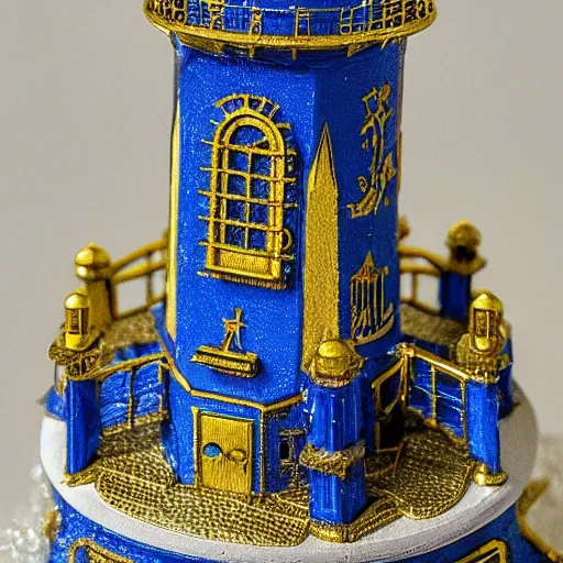 Image similar to an ornate lighthouse 28mm miniature, detailed with white and gold filagree and goldleaf decorative elements, sitting on a desk, painstaking detail, black lacquer, glossy shiny reflective, splashed with graffiti art