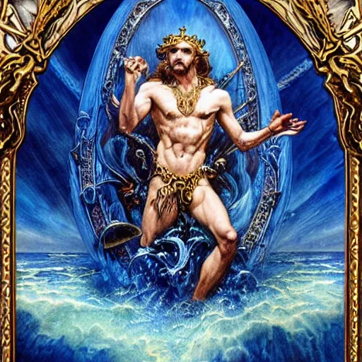 Prompt: portrait of poseidon king of the ocean made with porcelain by Jeff Easley and Peter Elson + beautiful eyes, beautiful face + symmetry face + border and embellishments inspiried by alphonse mucha, fractals in the background, galaxy + baroque, gothic, surreal + highly detailed, intricate complexity, epic composition, magical atmosphere + masterpiece, award winning + trending on artstation