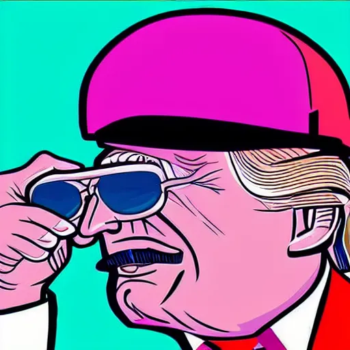 Prompt: caricature of donald trump wearing a polygon walter white hat, synthwave synthwave synthwave synthwave