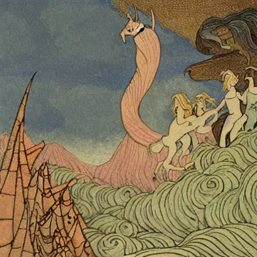 Image similar to the unicorn wave scene from the last unicorn, as illustrated by edmund dulac