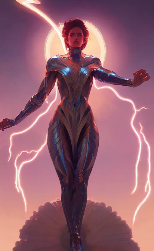 Prompt: Goddess of lightning, sci-fi, highly detailed, digital painting, artstation, concept art, smooth, sharp focus, illustration, art by artgerm and greg rutkowski and alphonse mucha