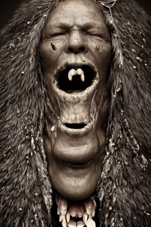 Image similar to heitsi eibib the ancient shaman mage sits inside gaping open mouth jaw maw of enormous tribal toad, highly detailed fantasy portrait, by erwin olaf and anton corbijn, smooth, matte, mysticism