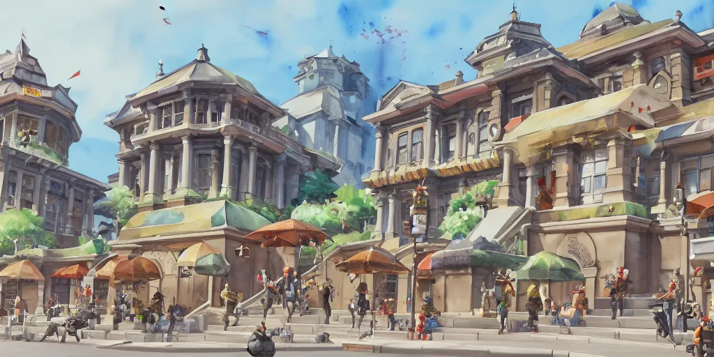 Prompt: overwatch mall building, stylized, exterior, architecture, in watercolor gouache detailed paintings, high detail, artstation, 8 k, props, furniture and decor