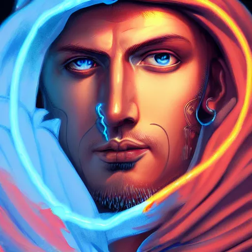 Image similar to detailed portrait of emperor nero, old roman style, non - reflective blue neon cloak, decorated with traditional roman ornaments by rhads, makoto shinkai cyril rolando, madgwick illustrated, perfect face, fine details, realistic shaded, fine - face, pretty face