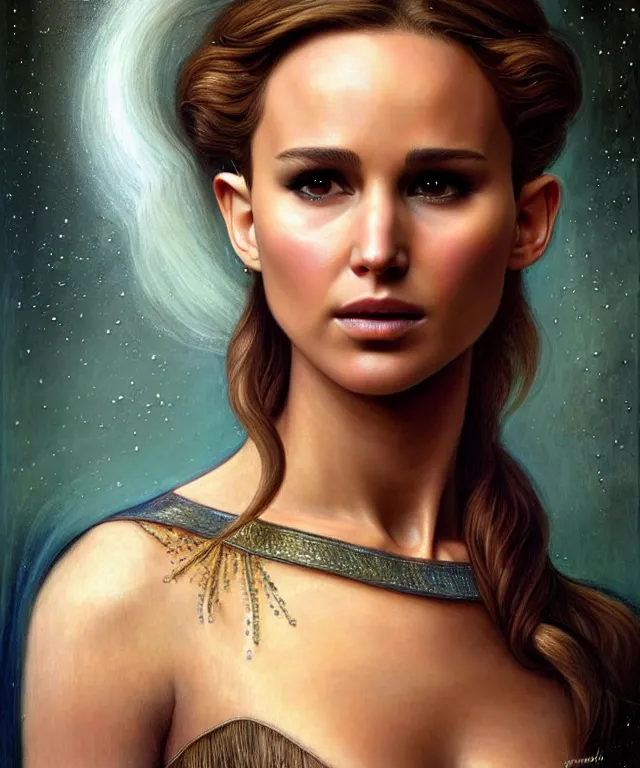 Image similar to half nathalie portman half Jennifer lawrence a fantasy magic woman portrait by Sandro Botticelli, oil painting masterpiece, sci-fi, amber eyes, face, long hair, fantasy, intricate, elegant, highly detailed, digital painting, artstation, concept art, smooth, sharp focus, illustration, art by artgerm and greg rutkowski and alphonse mucha