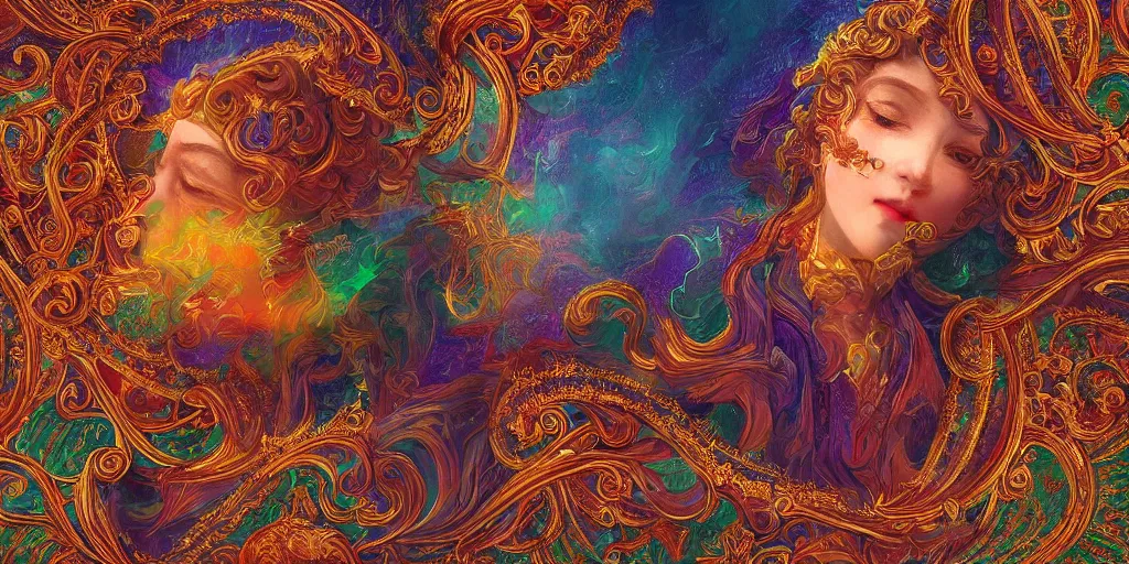 Image similar to ai dreams of god. baroque, deep focus, fantasy, intricate, elegant, highly detailed, digital painting, artstation, sharp focus, illustration. scarlet - green and mustard - indigo and azure - orange and white color scheme.