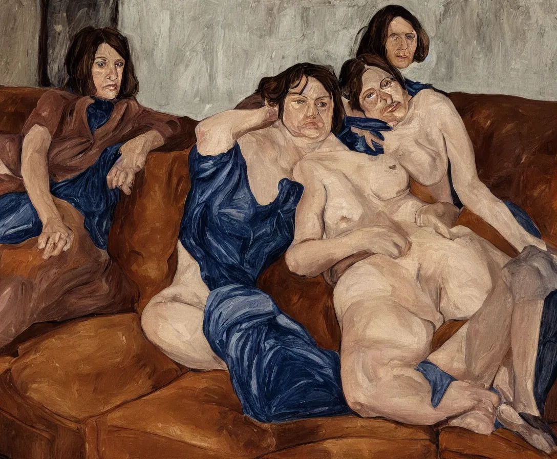 Image similar to two women, in an old english apartment on a brown leather sofa. one is wearing a dark blue sweather, the other a white shirt. brown hair, they are looking into the camera. wide shot. in the style of lucien freud. oil painting.