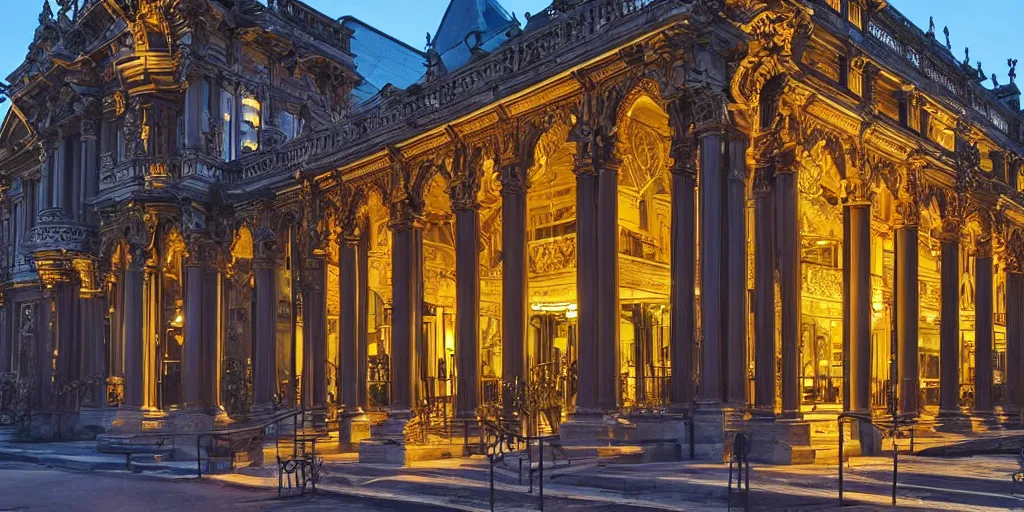 Image similar to extremely detailed ornate stunning sophisticated beautiful elegant victorian museum exterior by Henry Young Darracott Scott and Francis Fowke, stunning volumetric light, stainless steal, concrete, translucent material, beautiful sunset, tail lights