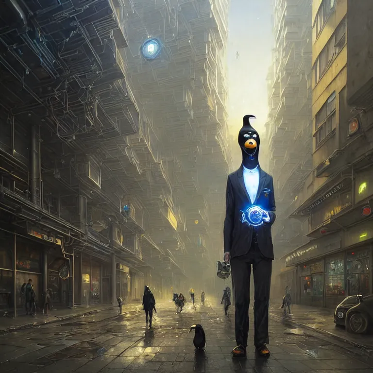 Image similar to A solarpunk very highly detailed Anthropomorphic cybertronic penguin wearing sport suit with very highly detailed face on the street of a very highly detailed solarpunk city digital surrealism art by Greg Rutkowski and Josan Gonzalez, highly detailed, digital concept art, Volumetric natural light, sharp focus, Golden Ratio illustration, realistic concept art by Stephen Hickman and James Gurney and Hiromasa Ogura Ghost in the Shell rendered in VRAY, From the distance