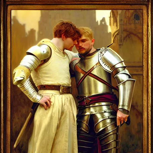 Image similar to attractive arthur pendragon and his attractive male knight, they are in love, natural lighting, path traced, highly detailed, high quality, digital painting, by gaston bussiere, craig mullins, alphonse mucha j. c. leyendecker