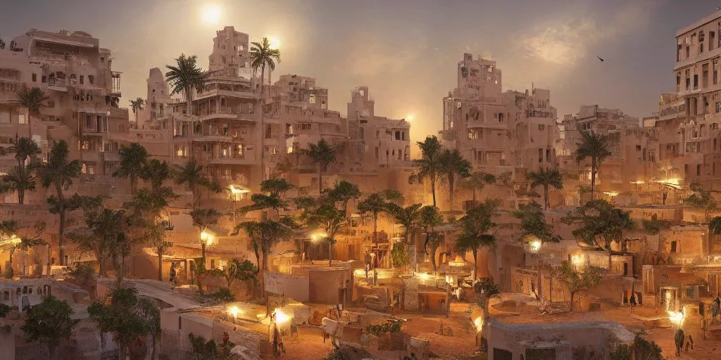 Prompt: painting of an old african city with a mix of traditional african and egyptian architecture, tiny glowing lights hovering between houses, people flying in the skies above, people talking in the streets and greenery growing between the buildings, photoreal, trending on artstation