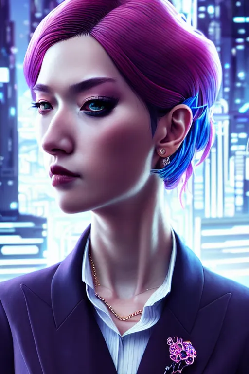 Image similar to hyperdetailed very close portrait of a european thirty years old woman in an elegant suit with a pin in a cyberpunk city inspired by ross tran and wlop and masamune shirow and kuvshinov, concept art, intricate, photorealistic, octane render, rtx, hdr, unreal engine, dnd digital art by artgerm fine face