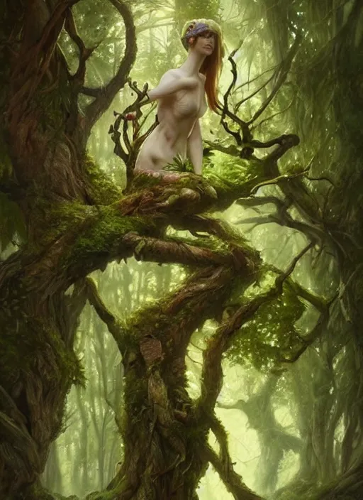 Image similar to a woodland spirit made of wood and moss, growing out of the side of a tree, beautiful high quality fantasy art, trending on artstation by artgerm and greg rutkowski and alphonse mucha