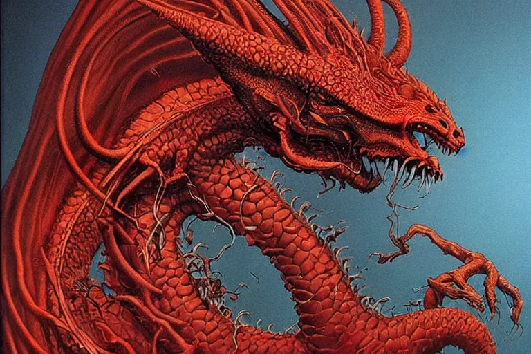 Prompt: a red dragon, fluid, smooth, organic, crazy, bright, colours, tumours, high contrast, sharpness, dramatic, very detailed, intricate, by giger and corben and moebius and beksinski and bosch and bacon