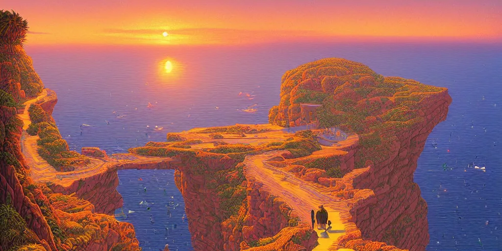 Prompt: epic professional digital art of a lonely street on a cliff over the sea at sunset, by Casey Weldon, dan mumford 8k ultra high definition, upscaled, perfect composition , golden ratio