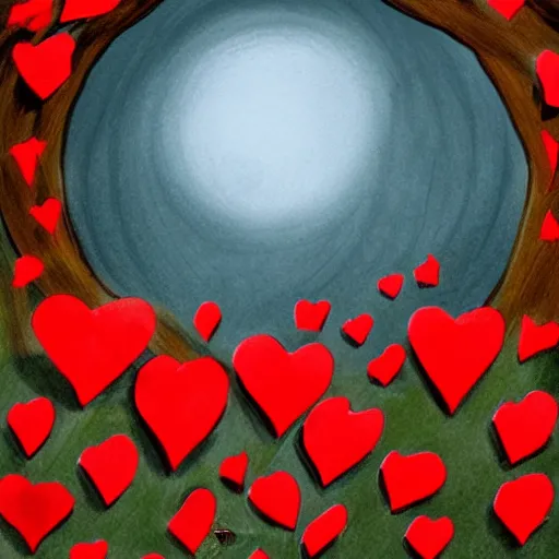 Image similar to primary school on a hill, red hearts, sadness, dark ambiance, concept by godfrey blow, featured on deviantart, drawing, sots art, lyco art, artwork, photoillustration, poster art