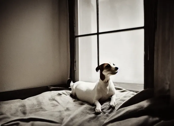 Image similar to photography of a Jack Russel . watching outside the window. on a bed. in a vintage room full of vinyls and posters.,volumetric light, photorealistic,, award winning photo, 100mm, sharp, high res