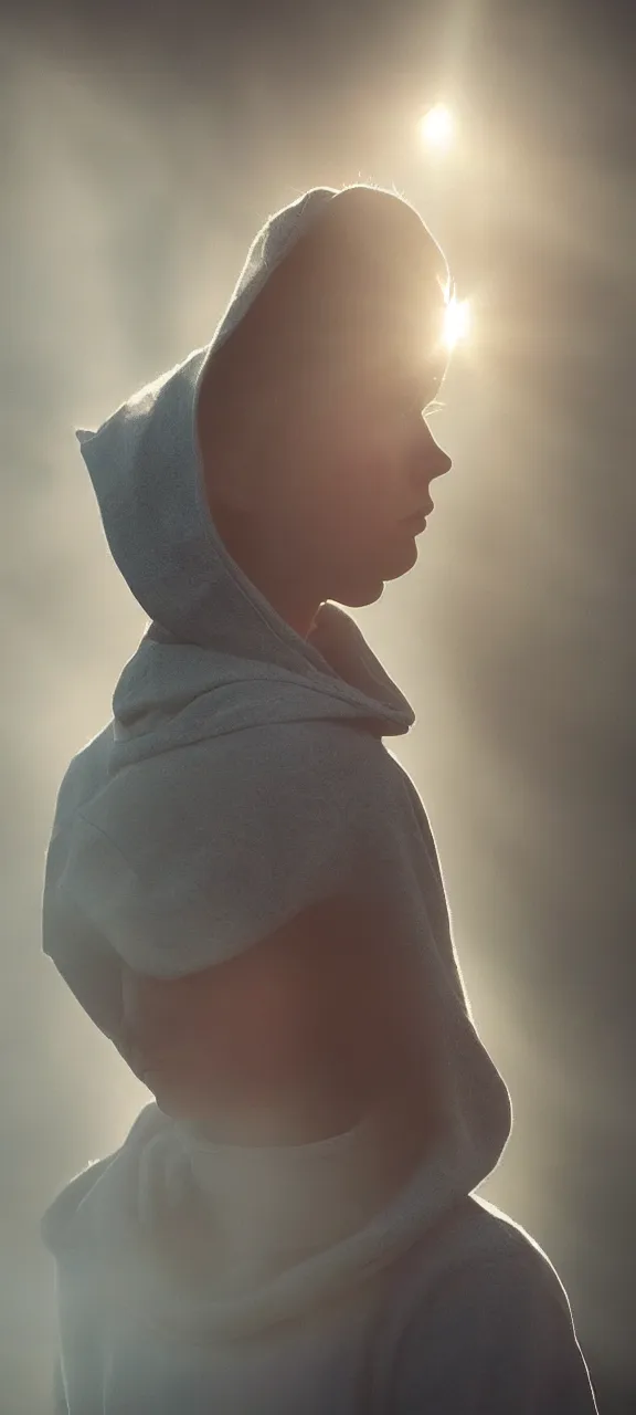 Prompt: very very beautiful photograph of emily skinner looking like annie leonhart in a hoodie standing next to a window god rays shining on her from the sunlight, volumetric fog, smoke, depth of field, beautiful composition, very very very beautifull face, on artstation and instagram, ray tracing