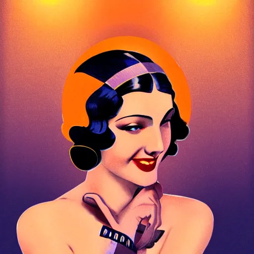 Image similar to smiling, happy, beautiful, intelligent, powerful 1 9 2 0 s movie star with loving eyes, casually clothed, wise, beautiful, dramatic lighting, sharp focus, art deco patterns by stanley artgerm, retro futurism, dramatic lighting, trending on artstation, flat colour, gradient filter