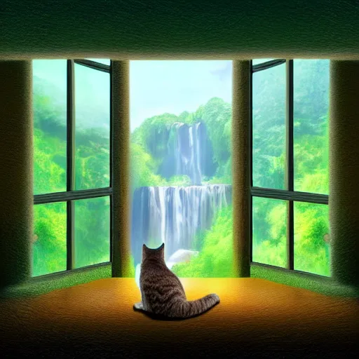 Image similar to a beautiful landscape including a waterfall and a forest through a window, cat sitting on the edge of the window, illustration, digital art, trending on artstation, no signature