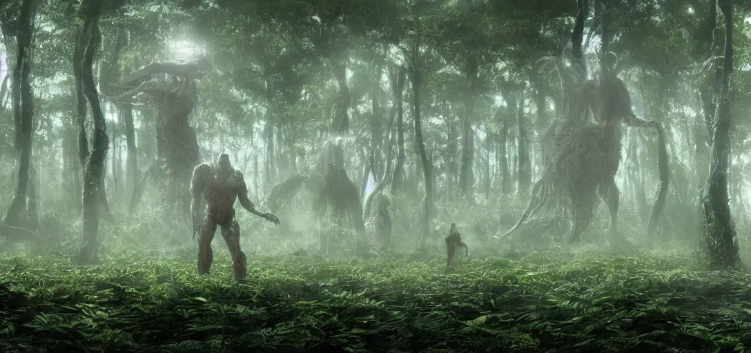 Image similar to a complex organic fractal 3 d metallic symbiotic ceramic humanoid megastructure creature in a swampy lush forest, foggy, sun rays, bubbles, cinematic shot, photo still from movie by denis villeneuve, wayne barlowe