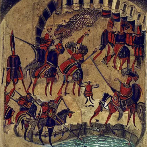 Image similar to a group of Byzantine knights fighting a dragon inside a cistern underneath Istanbul