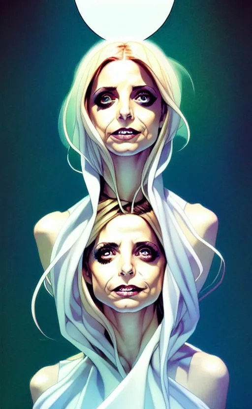 Image similar to artgerm, joshua middleton comic cover art, pretty ghost sarah michelle gellar entire full body, floating, creepy smile, white dress, friendly, symmetrical eyes, symmetrical face, long white hair, inside haunted house