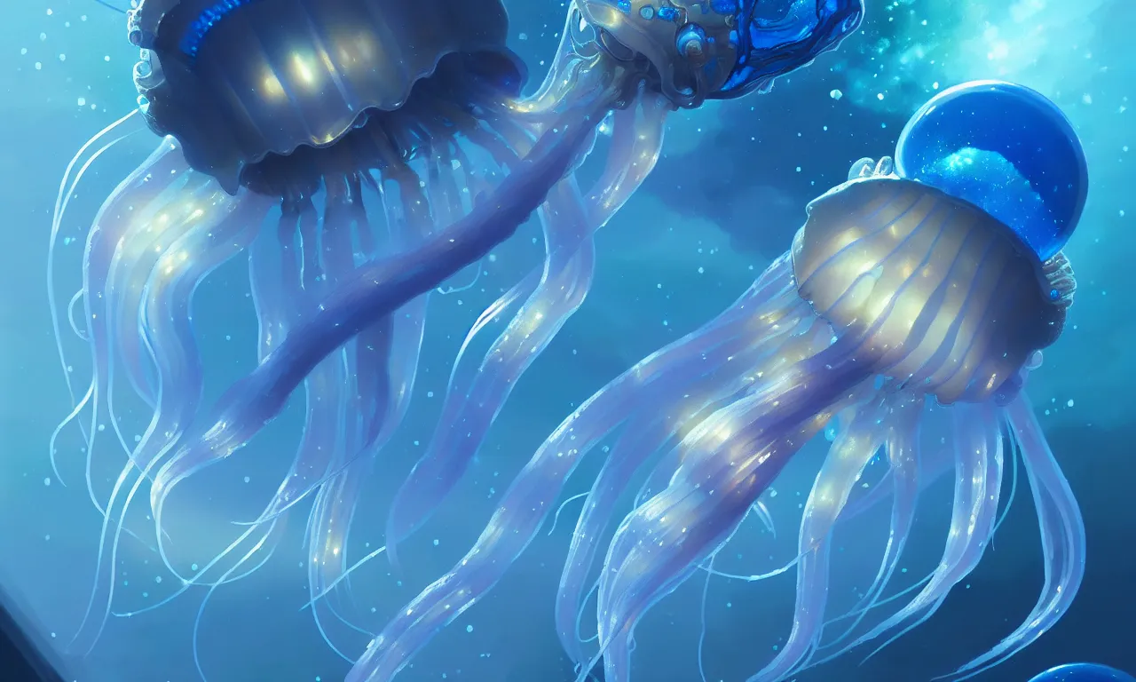 Image similar to detailed jellyfish in space, blue tones, underwater, full frame, highly detailed, digital painting, artstation, concept art, smooth, sharp focus, illustration, art greg rutkowski and alphonse mucha