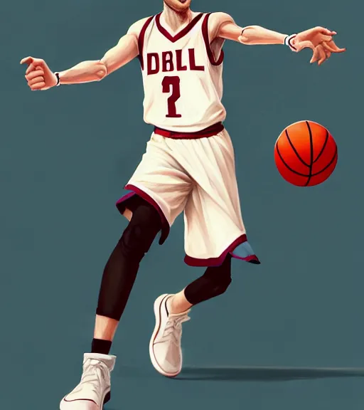 Prompt: portrait of a white boy playing basketball wearing a basketball uniform, intricate, elegant, highly detailed, centered, digital painting, artstation, concept art, smooth, sharp focus, illustration, by Peter Mohrbacher, WLOP