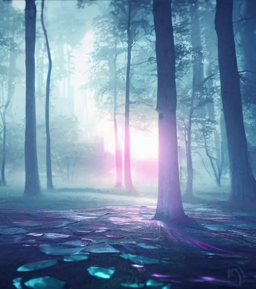 Prompt: symmetric drop daydreaming of the god of sun glare, fluid dance of the virtual space, big cotton sheets in the center of the air, cyberpunk forest, majestic light, octane render, beauty fog, ethereal glare of the sun, raining rainbow, volumetric lighting, hyperealistic, epic, masterpiece