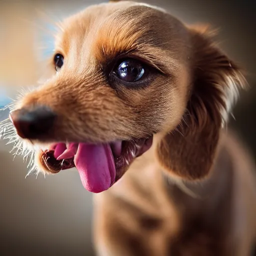 Prompt: closeup portrait of a small light brown furry dog with tongue licking its nose, cross eyed, tongue on nose, natural light, sharp, detailed face, magazine, press, photo, Steve McCurry, David Lazar, Canon, Nikon, focus