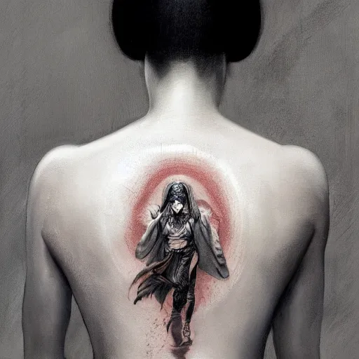 Prompt: An Asian woman with a full-body tattoo of the Dark Arts with her back turned to the camera highly detailed, fullbody, artstation, dark fantasy, horror, Silent Hill game, concept art, smooth, sharp focus, illustration, art by greg rutkowski and orientalism and bouguereau and Zdzislaw Beksinski, good clear quality, lighting, biology, symmetrical artwork, perfect face, 135 mm, cinematic, hyper realism, high detail, octane render, 8k, chrome accents