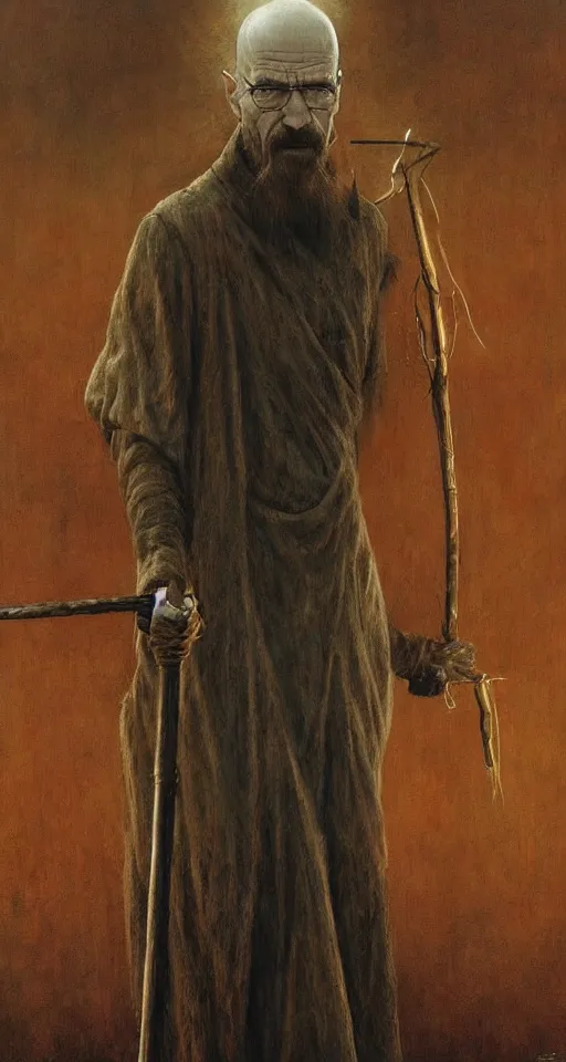 Prompt: Walter White as Saruman holding a staff by Esao Andrews and Karol Bak and Zdzislaw Beksinski