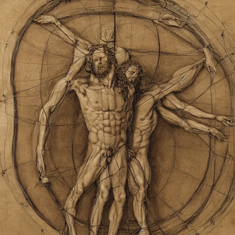 Prompt: A very detailed portrait of the Vitruvian Man, high details, realistic, 8k