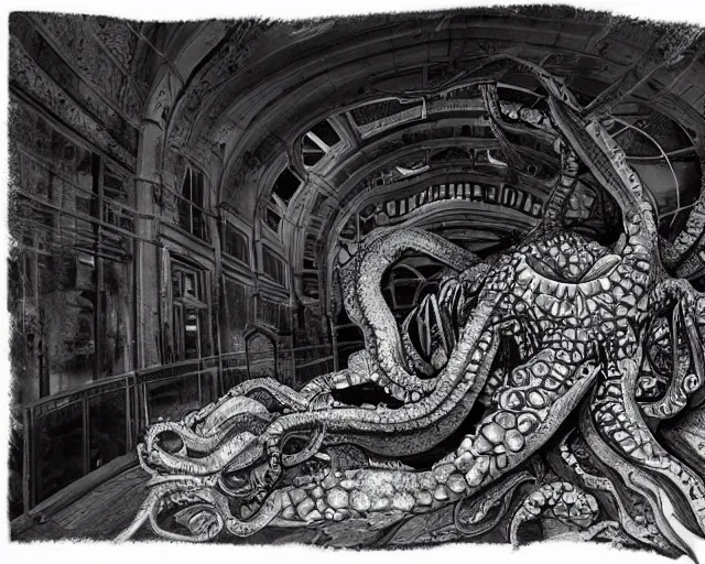 Image similar to camera footage of a extremely aggressive Giant mutated Octopus with glowing white eyes in an abandoned shopping mall, Psychic Mind flayer, Terrifying :7 , high exposure, dark, monochrome, camera, grainy, CCTV, security camera footage, timestamp, zoomed in, Feral, fish-eye lens, Fast, Radiation Mutated, Nightmare Fuel, Wolf, Evil, Bite, Motion Blur, horrifying, lunging at camera :4 bloody dead body, blood on floors, windows and walls :5