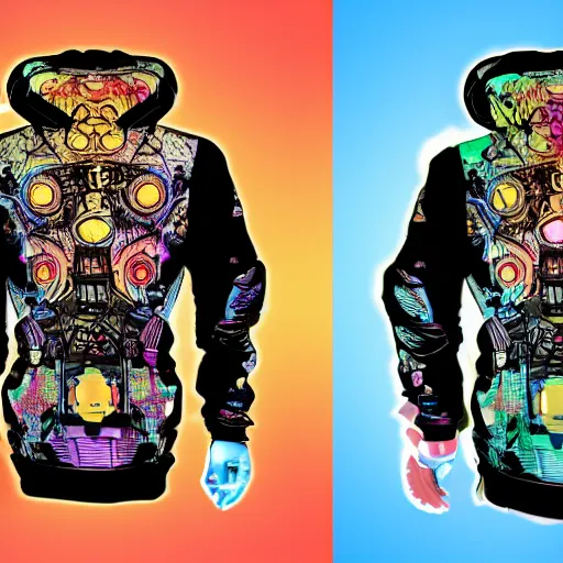 Image similar to mockup of a black hoodie with a hyperdetailed portrait of a steampunk robot on lsd, 8 k, symetrical, flourescent colors, trippy mood, multicolored,