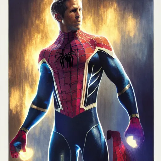 Image similar to ryan reynolds as a black and blue suit spider - man, cinematic, volumetric lighting, f 8 aperture, cinematic eastman 5 3 8 4 film, photorealistic by greg rutkowski, by stanley artgerm, by alphonse mucha